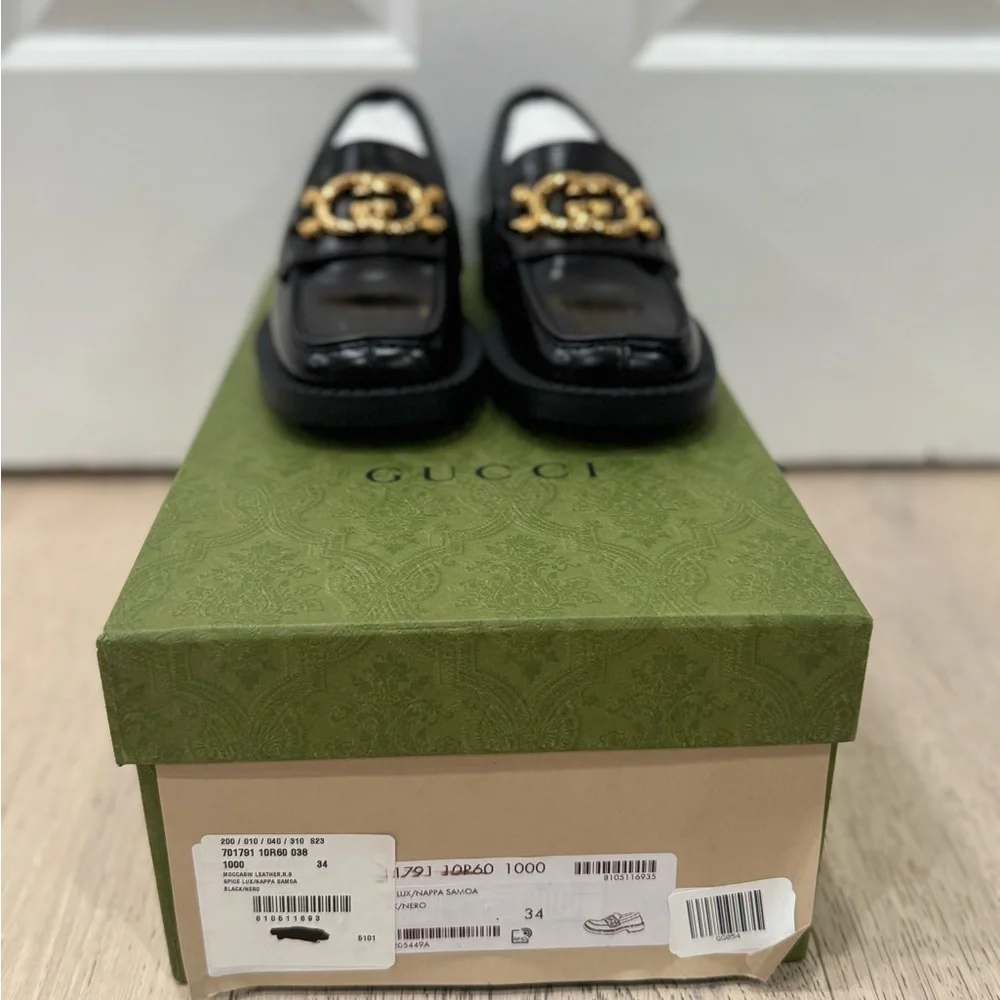 GUCCI Authentic Spice Lux Nappa Black Patent Gold Interlocking G Loafers US 4 34 - Picture 3 of 10